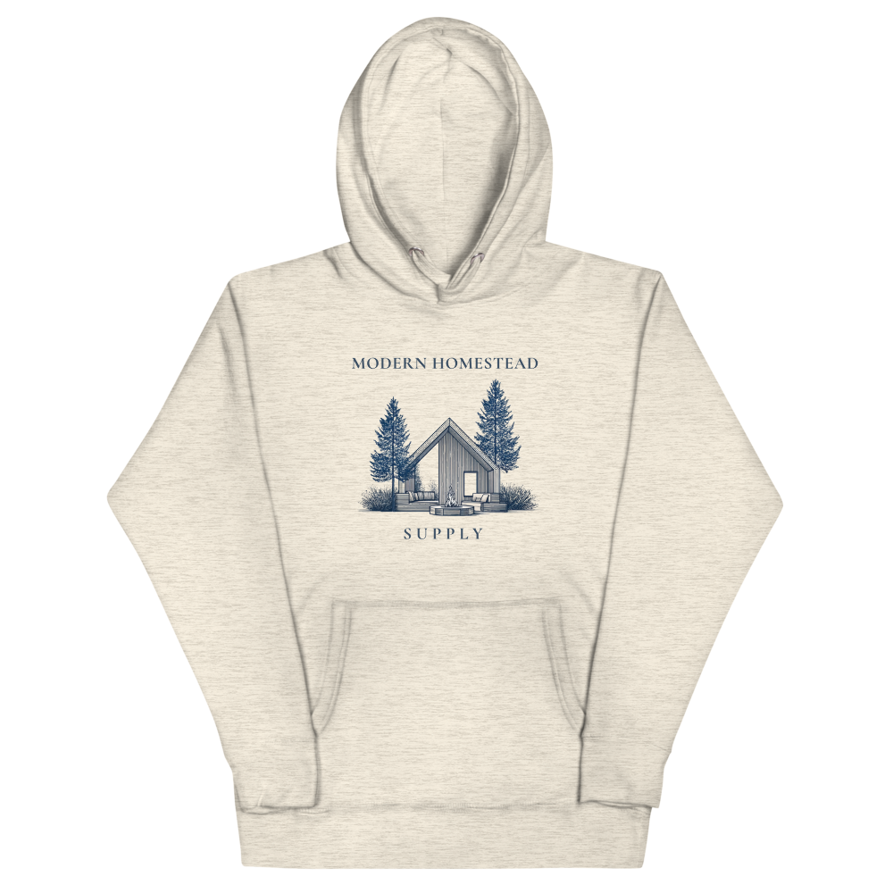 Beige hoodie with 'Modern Homestead Supply' logo on a white background