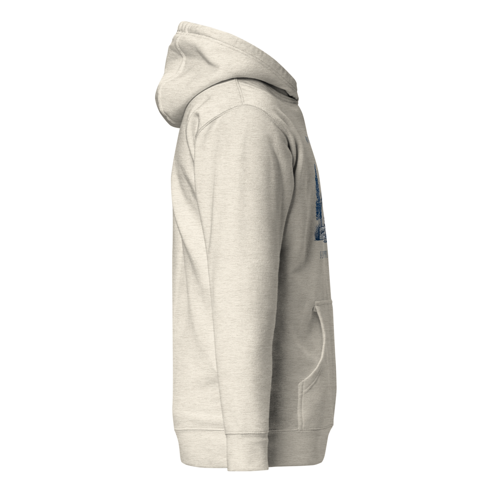 Light gray hoodie with a brand logo on the sleeve against a white background