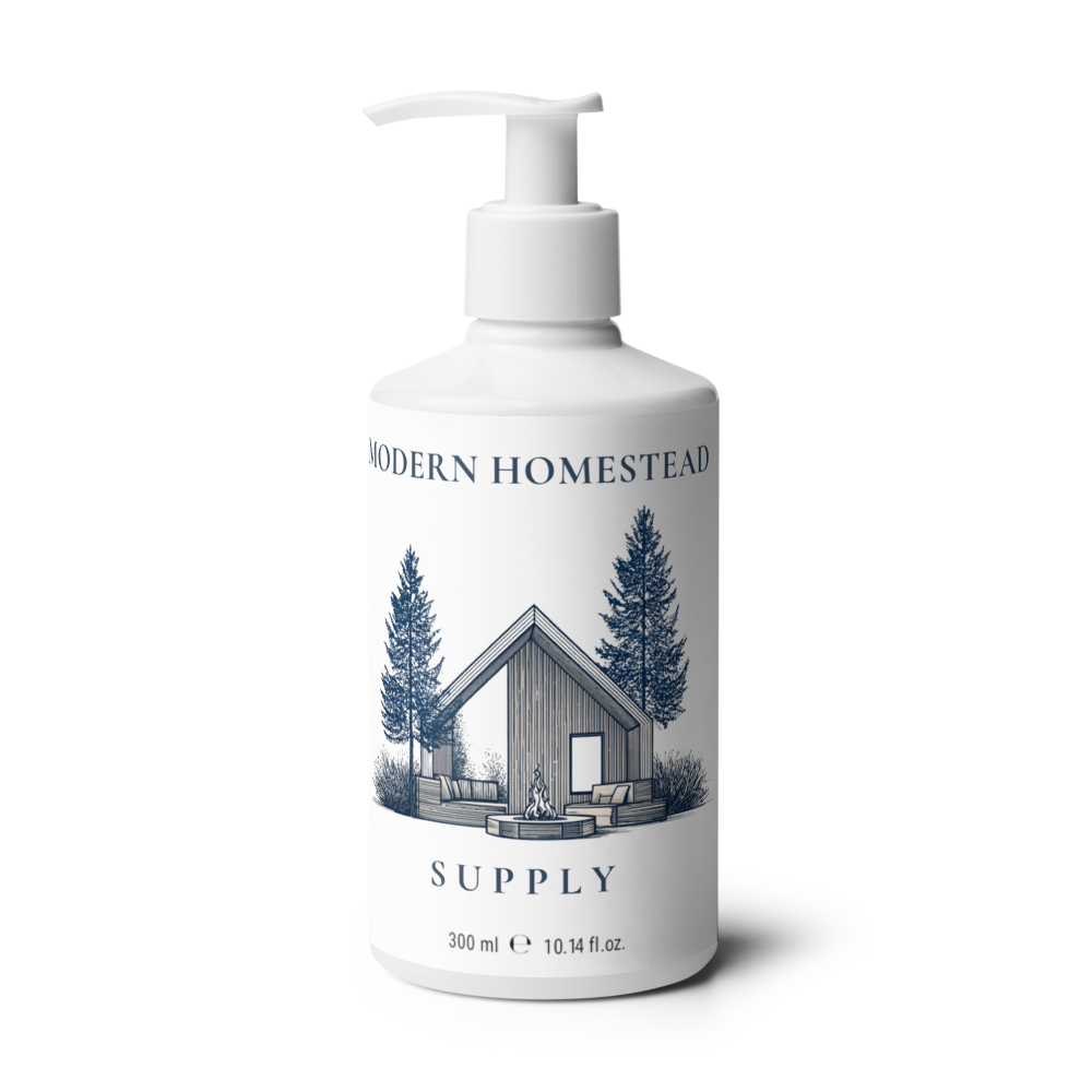 White bottle with pump labeled 'Modern Homestead Supply' on a white background