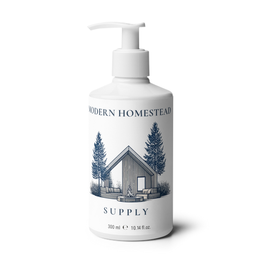 White bottle with pump labeled 'Modern Homestead Supply' on a white background
