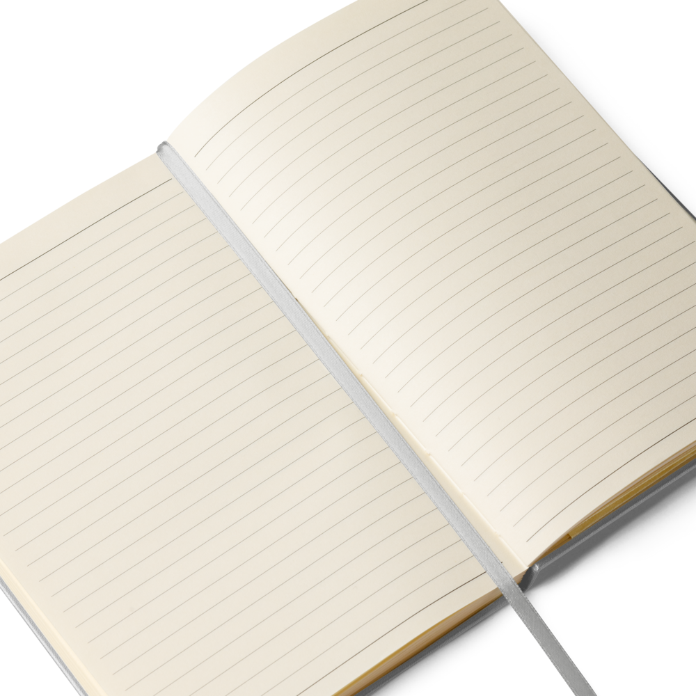 Open notebook with lined pages on a white background