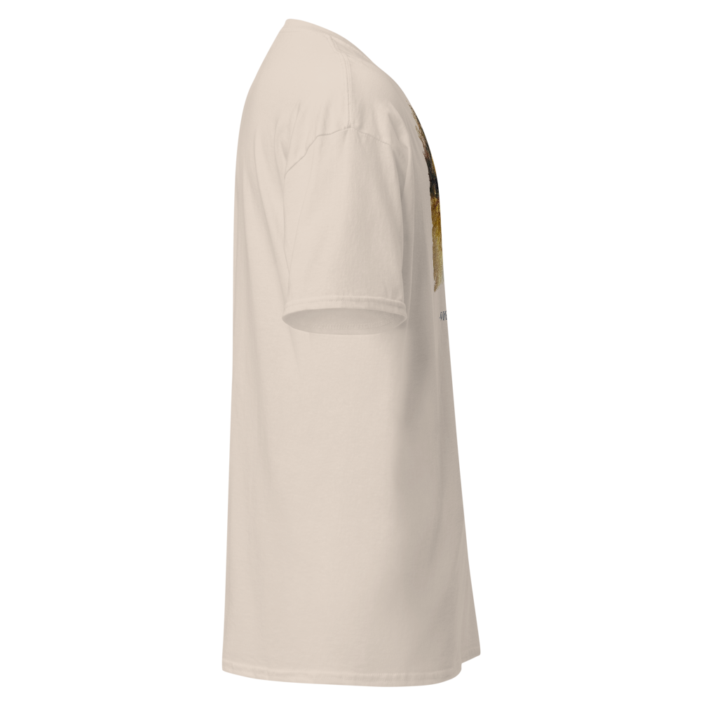 Beige t-shirt with a small graphic on the sleeve against a white background