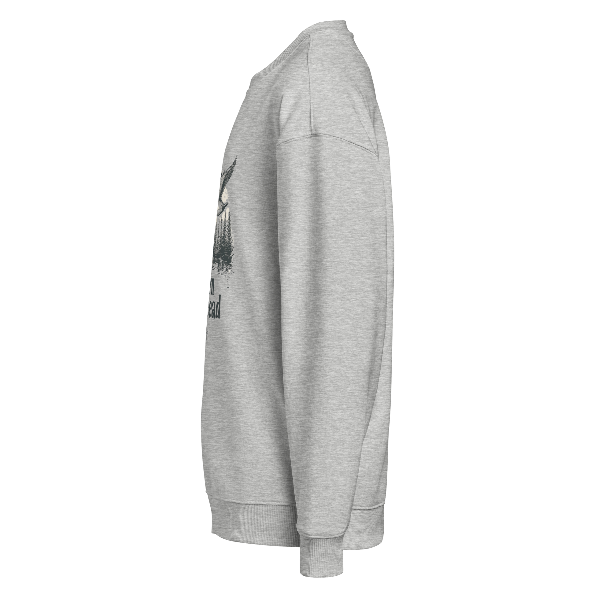 Gray sweatshirt with a graphic design on the chest against a white background